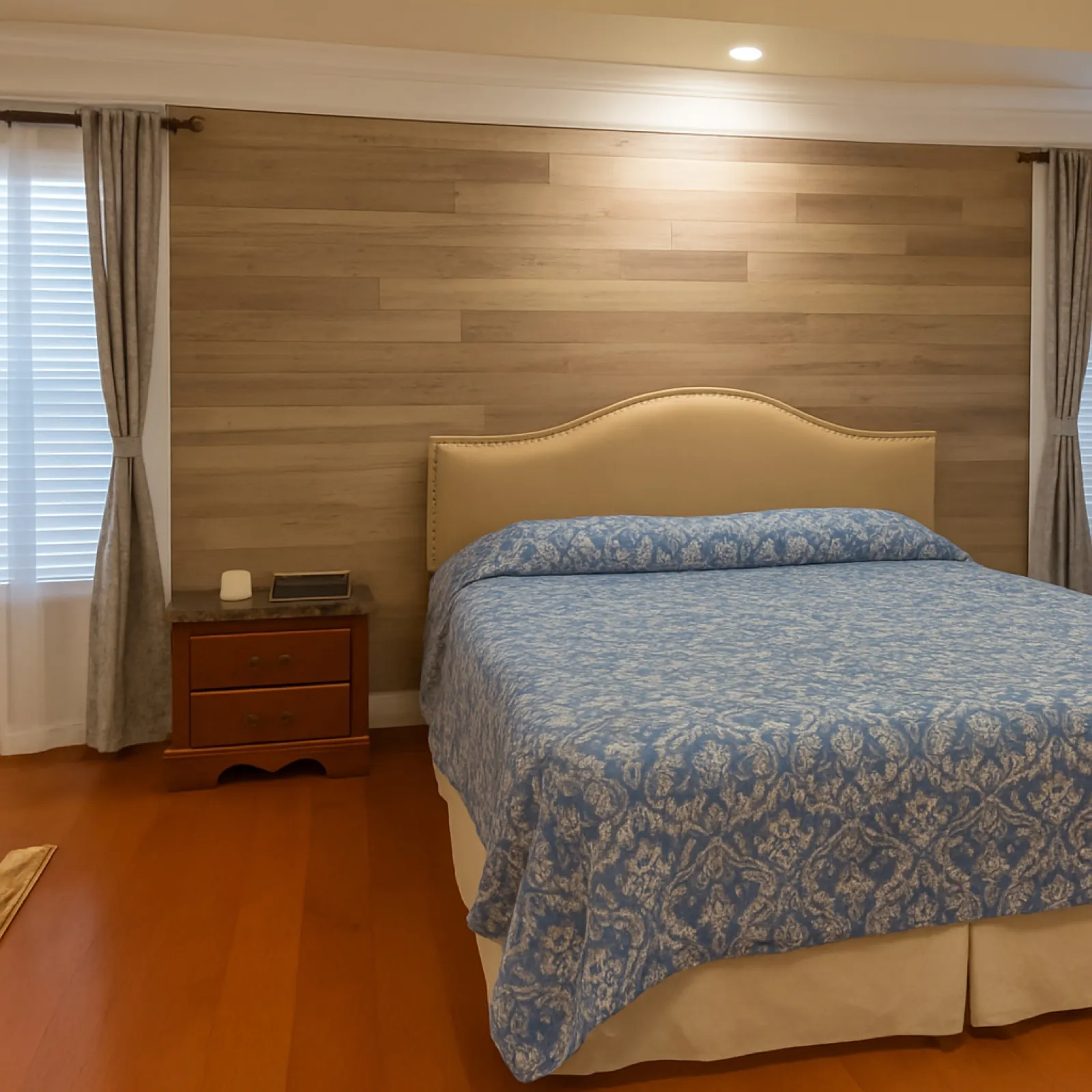 Bedroom accent wall with geometric trim detail